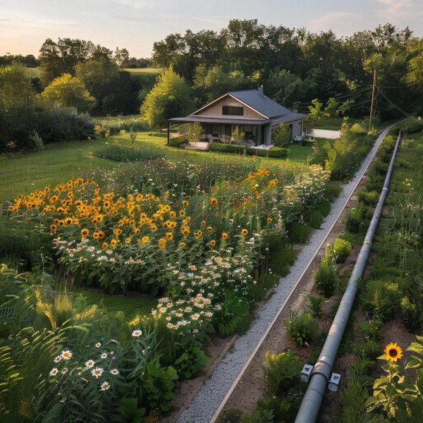 Сцена с дачей на фоне зелени и теплотрассы.