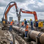 Сцена строительства прокладки теплотрассы в городских условиях