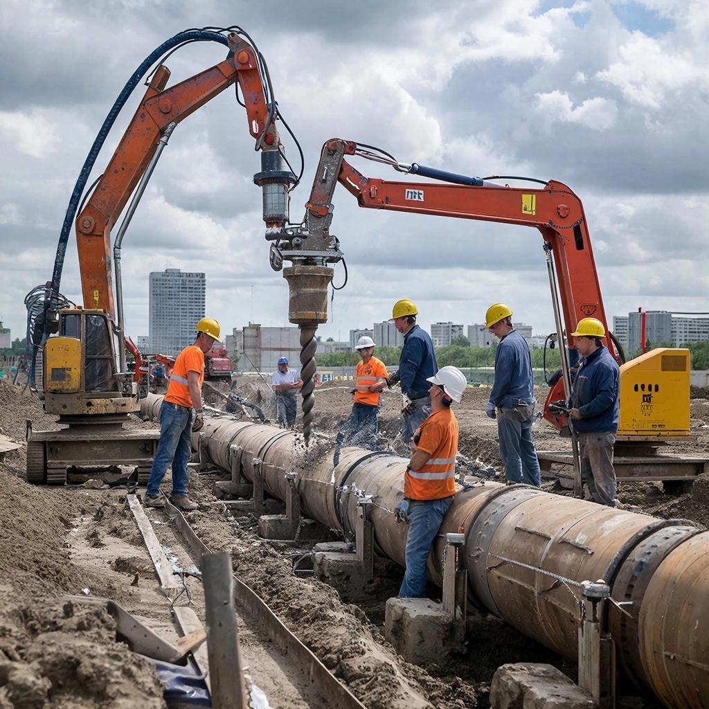 Сцена строительства прокладки теплотрассы в городских условиях