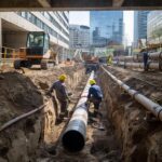 Сцена установки подземной теплотрассы в городе, работающие люди и конструкции.