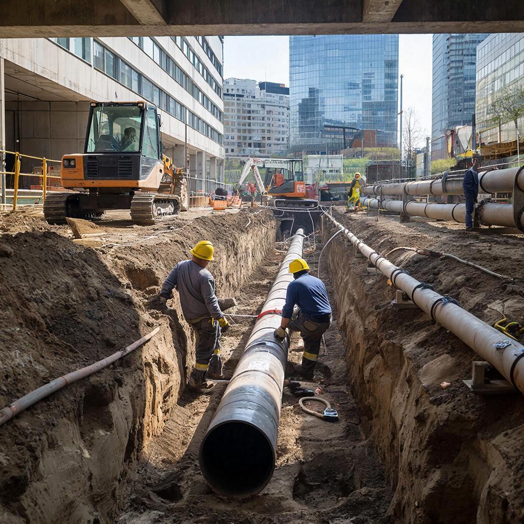 Сцена установки подземной теплотрассы в городе, работающие люди и конструкции.